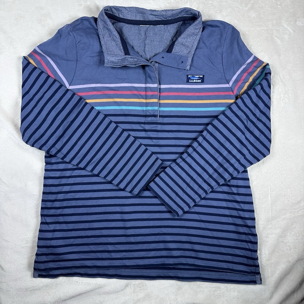 L.L.Bean Women Vintage 100% Cotton Pullover Rugby Shirt Blue Striped Rainbow XL?
